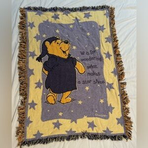 VTG Disney Winnie The Pooh Blanket Purple & Yellow W/ Fringe & Stars 34x44 In
